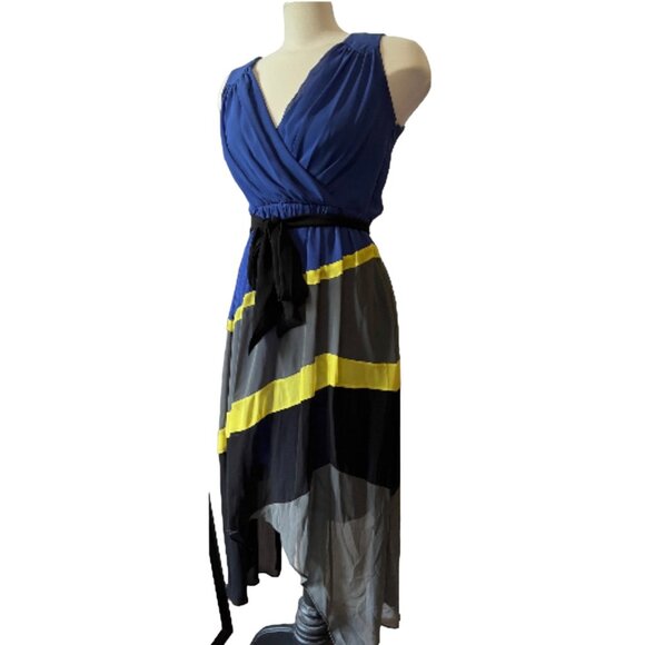 Max and Cleo Sheer Asymmetrical Dress Sz 4 (Small) Striped Blue, Yellow, & Gray - Picture 14 of 15